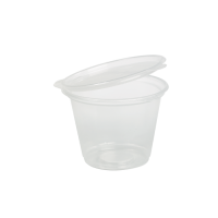 Clear round PP plastic portion cup with hinged lid   H47mm 70ml