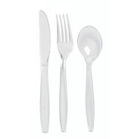 "Majesty" transparent PS cutlery kit 6/1: knife fork spoon napkin salt pepper, transparent wrap 192x50mm