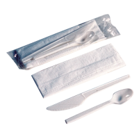 Kit couvert petit déjeuner plastique PS blanc 3 en 1: couteau cuillère serviette