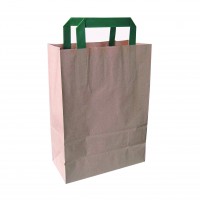 Kraft brown recycled paper carrier bag with green handles 200x100mm H290mm
