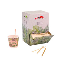 Wooden coffee stirrer with rounded end in dispenser box