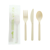Kit couverts fibre de bambou et CPLA 3/1: couteau fourchette cuillère, emballage compostable    H150mm